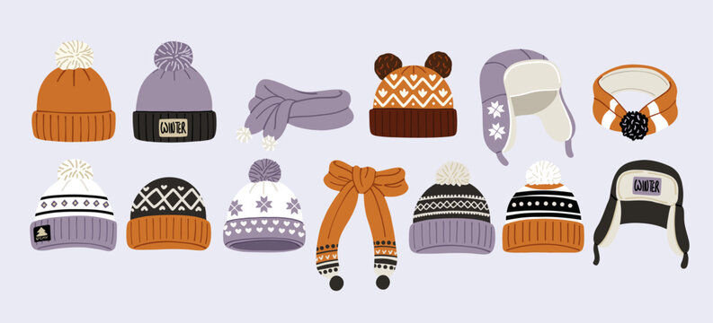 Cozy winter hats and scarves clipart set. Knitted beanies with pom poms, ushanka flap caps, and warm scarves in cozy autumn colors. Vector illustration isolated on light background