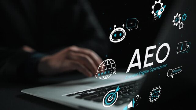 Digital Marketing Concept with Focus on AEO and Optimization for Search Engine Performance on Laptop Screen with Illustrative Graphics. Entropy.