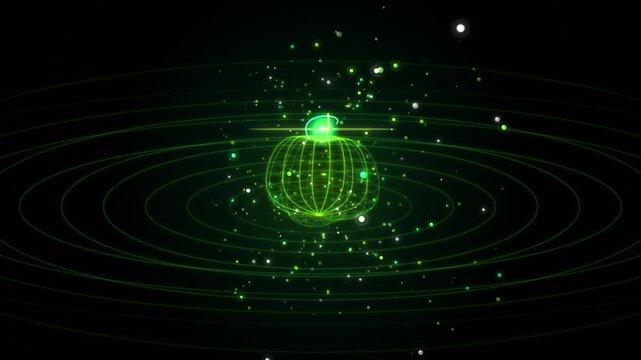 Abstract digital representation of a glowing green pumpkin wireframe with orbiting particles and concentric light rings on a black background