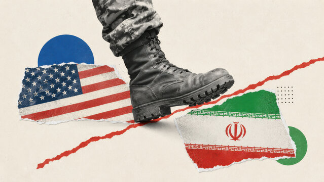 Geopolitical conflict and military tension between united states and iran represented in paper collage style