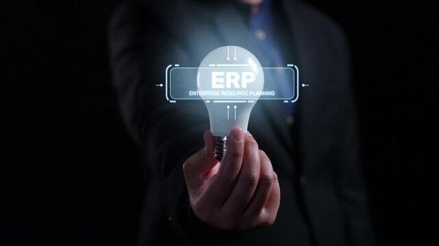 ERP platform visual showing centralized system for enterprise resource planning, improving integration, data flow, business efficiency, finance, inventory, and human resources. Elide