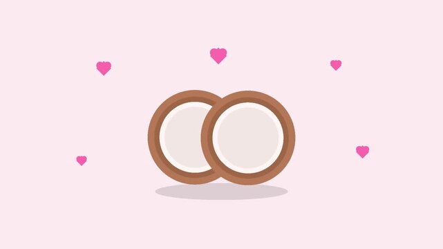 Animated coconut halves floating hearts