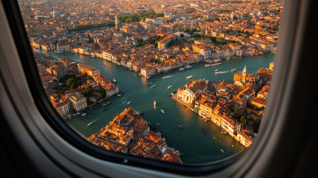 Aerial view of Venice and its canals seen through an airplane window at golden hour with terracotta rooftops and boats on the water