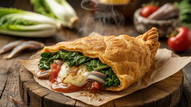 A national dish of Italian cuisine. 
Pitone Messinese is a Sicilian closed pie made from deep‑fried thin dough with a juicy filling of piquant endive, ripe tomatoes, Tuma cheese, and anchovies. 