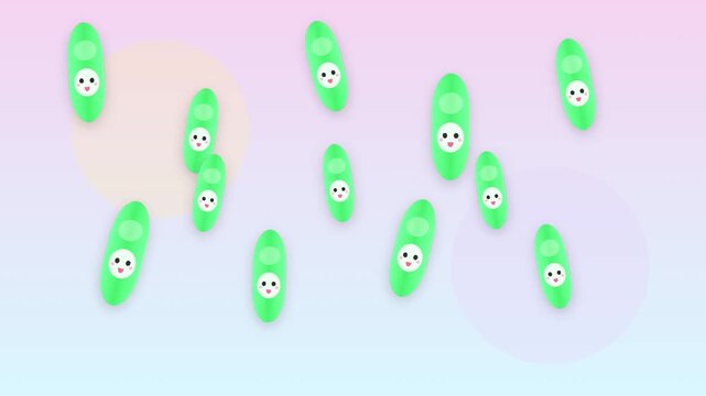 Floating cute green cartoon pea characters