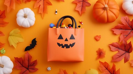 Naklejka premium Orange shopping bag with autumn pumpkins and leaves on dark background seasonal flatlay for fall shopping promotions, with orange, shopping, bag, pumpkin detail