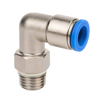 A male elbow pneumatics quick connector, a metal fitting with a blue