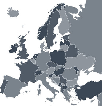 accurate correct detailed europe european continent map separated countries states countries political electoral grayscale vector on transparent background