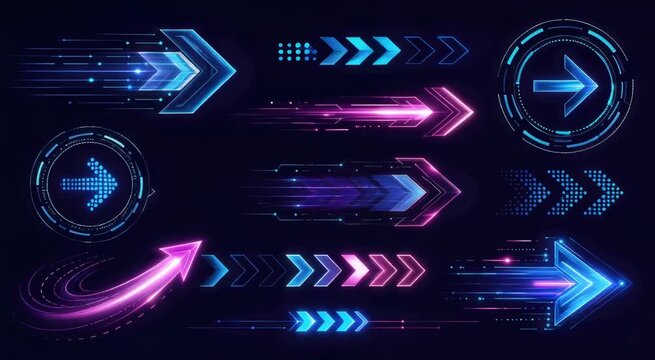 Glowing futuristic neon arrows and chevrons in blue and magenta with motion lines and circular tech elements on a dark background