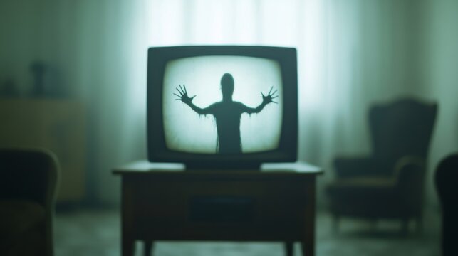 Vintage TV screen with static showing a ghostly figure