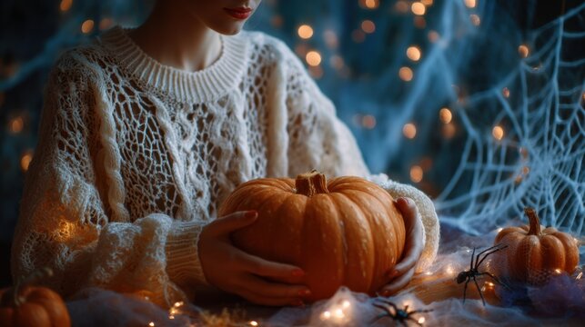 Child carving glowing jack o lantern on rustic wooden table in dim candlelit room with spooky autumn atmosphere and warm orange light for festive seasonal decor