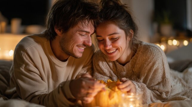 Couple carving glowing pumpkin outdoors at night with festive string lights, cozy sweaters, autumn celebration, smiling faces, warm seasonal atmosphere and rustic patio setting