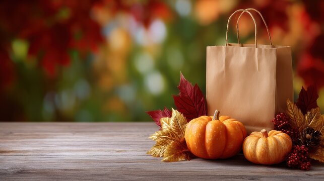 Paper shopping bag with golden maple leaves and small pumpkins on rustic wood surface, warm autumn display for seasonal gift or sale concept with copy space, with autumn, fall, shopping, bag detail