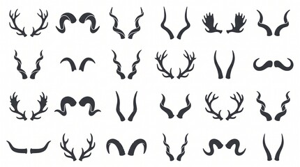 Fototapeta premium Animal Horn and Antler Silhouettes Set, Minimalist Design, Graphic Elements, Decorative Icons, Vector Illustration