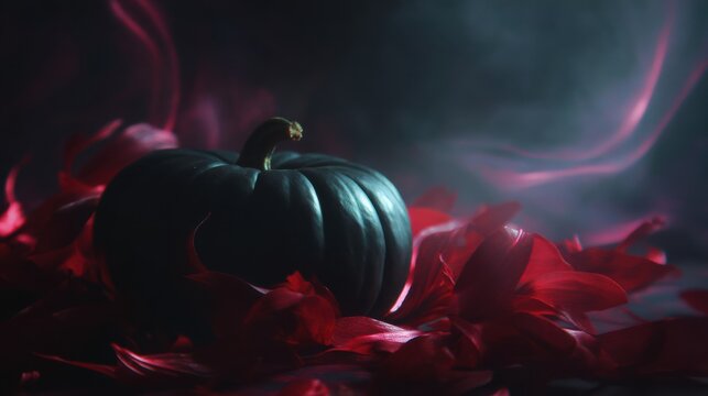 Matte black pumpkin surrounded by deep red autumn leaves and glossy red apples on dark tabletop for moody seasonal display, with pumpkin, black, matte, leaf detail
