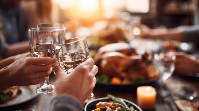 Smiling middleaged man raising glass of red wine at family dinner table with older woman behind him, warm indoor light, roasted food, bread, pasta, glassware, cheerful home gathering