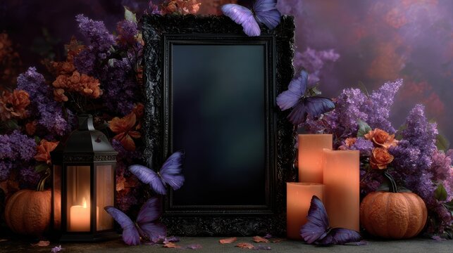 Ornate gothic frame surrounded by moths candles lantern pumpkins and autumn foliage in moody Halloween still life, with gothic, frame, moth, candle detail, showing lantern, pumpkin, foliage, autumn