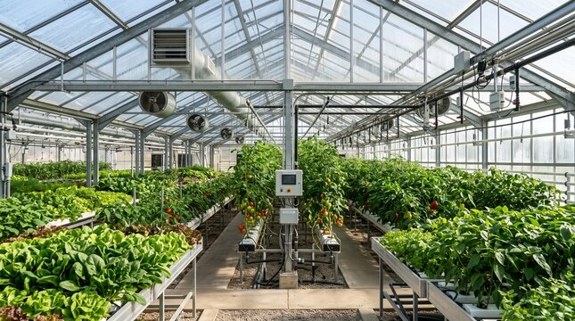 Modern hydroponic greenhouse facility featuring lush green vegetable plants growing in automated irrigation systems under bright natural glass roof lighting