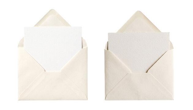 Two open cream envelopes with blank cards inside on a transparent background
