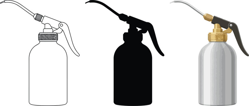 Industrial oiler can vector set, metal oil pump bottle icons in silhouette and line art, 3 professional lubrication tools for automotive repair