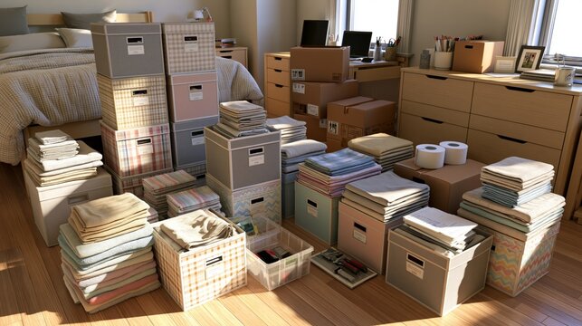 Organized storage cubes and folded towels in college dorm room move-in setup