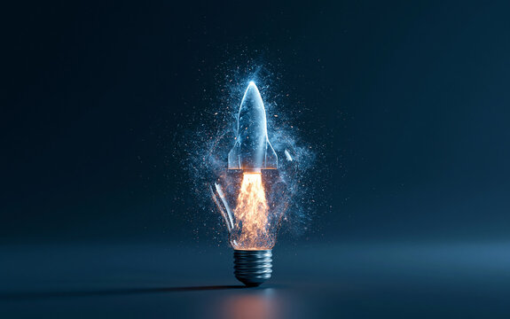 Abstract rocket launching inside a glowing light bulb surrounded by particle effects, innovation and idea concept, creative technology visual