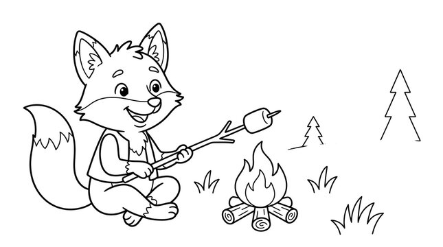 Cute cartoon fox roasting a marshmallow over a campfire camping adventure children coloring page black and white vector line art illustration