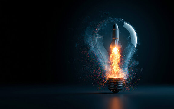 Abstract rocket launching inside a glowing light bulb surrounded by particle effects, innovation and idea concept, creative technology visual