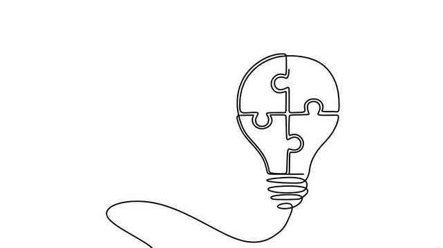 One line puzzle light bulb animation, minimalist continuous line drawing, creative idea and problem solving concept