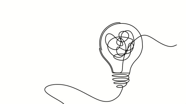 One line light bulb animation with tangled line, minimalist continuous line drawing, creative thinking concept