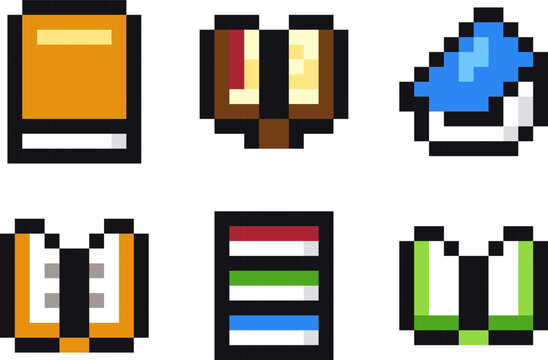 Set of six pixel book icons, featuring closed, open, and stacked books in orange, blue, green, red, and brown colors on a white background