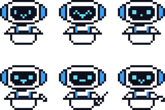 Set of six pixel chibi robots with various facial expressions and blue accents, isolated on a white background, in a grid layout