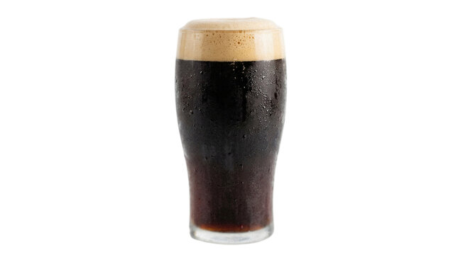 A glass of cold dark beer with foam isolated on transparent background