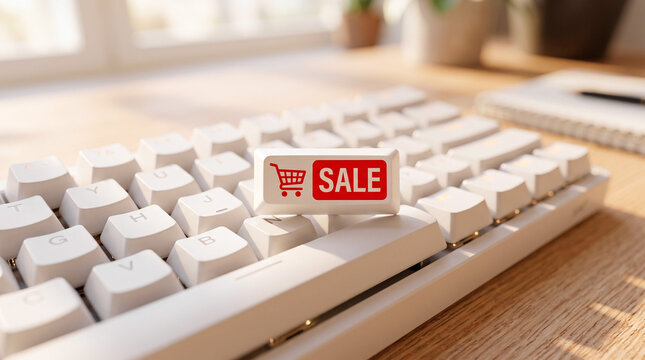 Online shopping sale button on a white keyboard, representing e-commerce deals