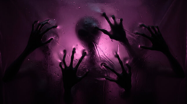 Silhouette of a person trapped behind a wet, textured surface with hands reaching out