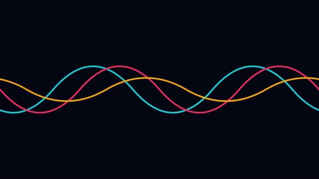 Abstract neon sine waves motion background: colorful glowing oscillating lines on dark animation 4k background