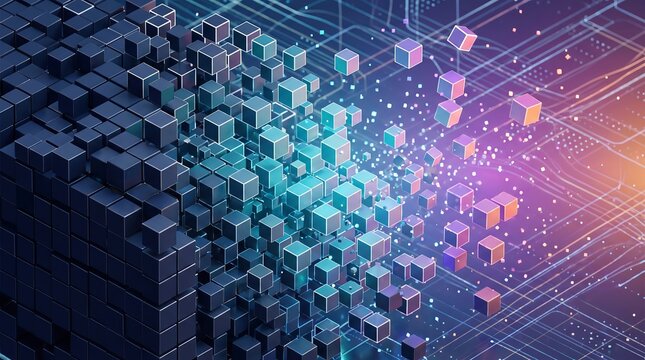 Pixel blocks dissolving into a colorful computational gradient field