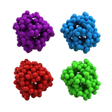 Four colorful multimeric molecular structures in a 2x2 grid on a transparent background with precise space filling models scientific research concept