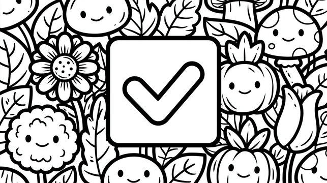 Colorful cartoon-style doodle with happy flowers and a checkmark symbol.