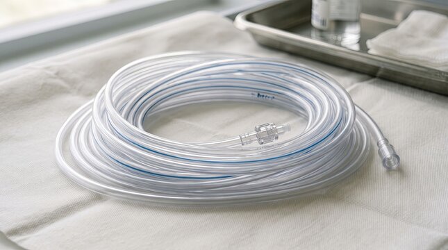 Coiled transparent medical tubing with connector resting on clinical tray in bright light