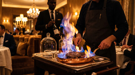 Obraz premium Action shot of a Chateaubriand beefsteak being flambÃ©ed table-side in an elegant copper pan. Bright blue and orange flames illuminate the upscale elite dining ambiance.