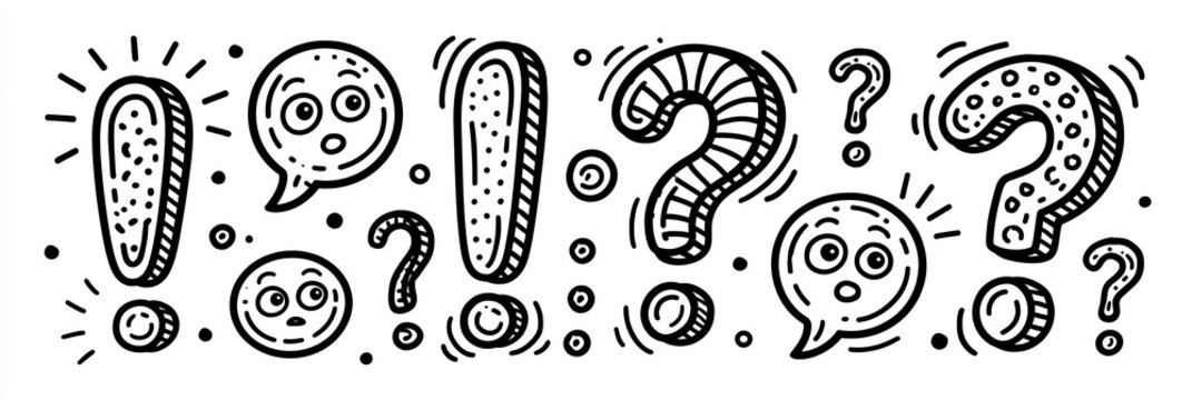 Colorful hand-drawn speech bubbles with question and exclamation marks.