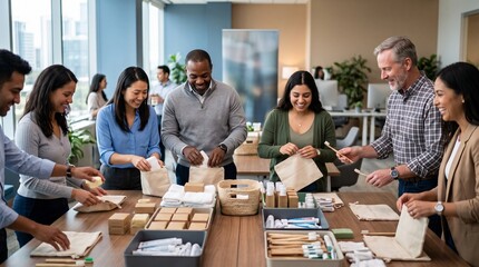 Obraz premium International Day of Charity volunteers packing hygiene supplies and essential goods together in office for community donation, nonprofit outreach, humanitarian assistance and social support