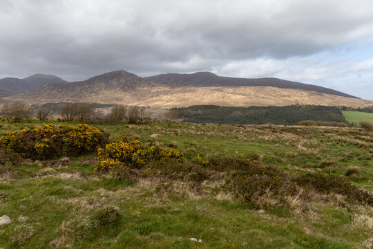Scenic mountain landscape in Mourne Mountains ,Silent Valley mountain park under a cloudy sky