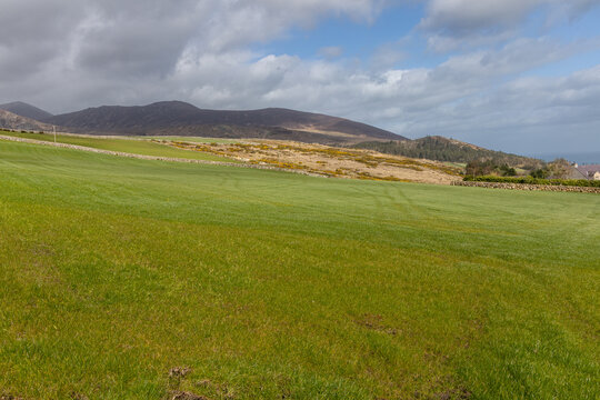 Scenic mountain landscape in Mourne Mountains ,Silent Valley mountain park under a cloudy sky