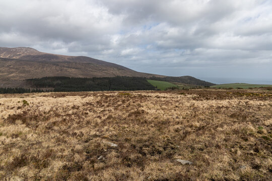 Scenic mountain landscape in Mourne Mountains ,Silent Valley mountain park under a cloudy sky