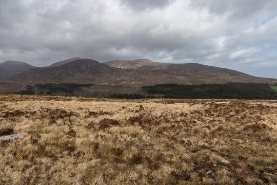 Scenic mountain landscape in Mourne Mountains ,Silent Valley mountain park under a cloudy sky
