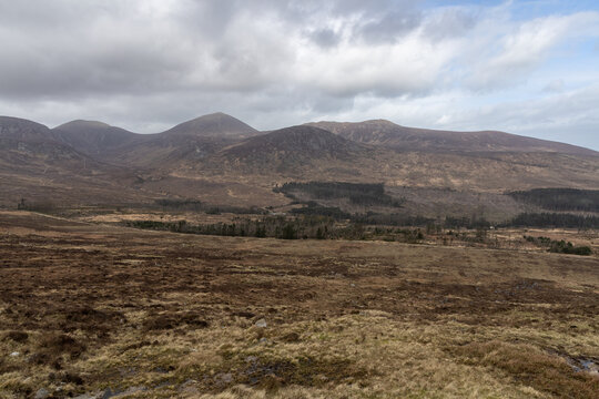 Scenic mountain landscape in Mourne Mountains ,Silent Valley mountain park under a cloudy sky