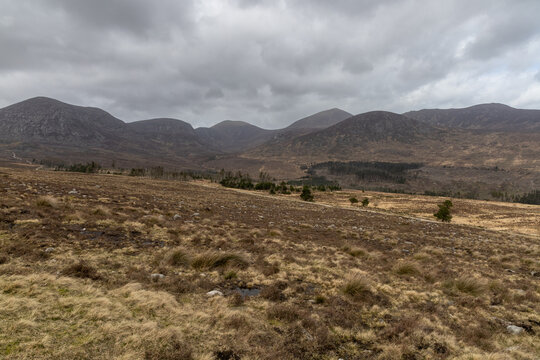 Scenic mountain landscape in Mourne Mountains ,Silent Valley mountain park under a cloudy sky