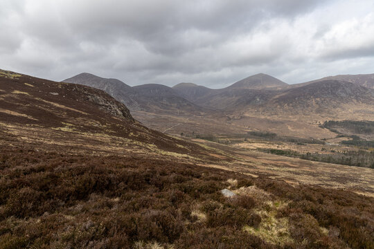 Scenic mountain landscape in Mourne Mountains ,Silent Valley mountain park under a cloudy sky